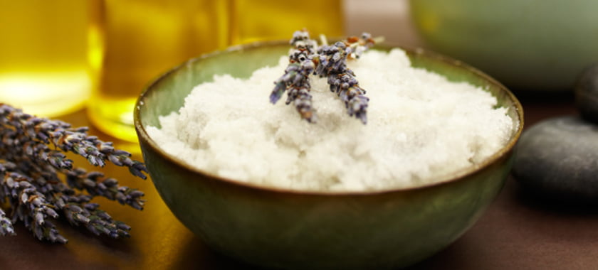 Exfoliation salt scrub at spa with lavender